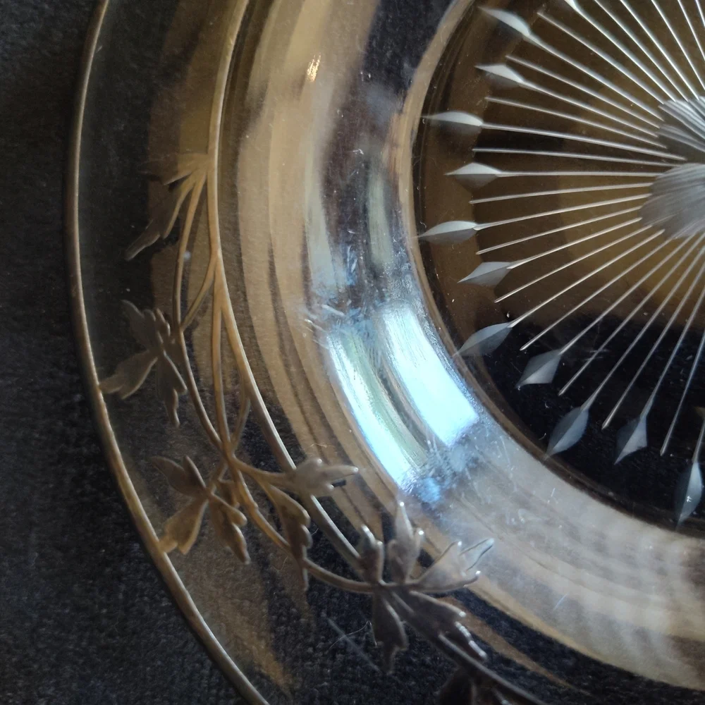 Antique Etched Crystal Plate With Sterling Silver Inlay